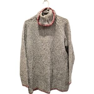 Vtg 90s Y2K Flecked Gray Chunky Knit Oversized Sweater Red Embroidered